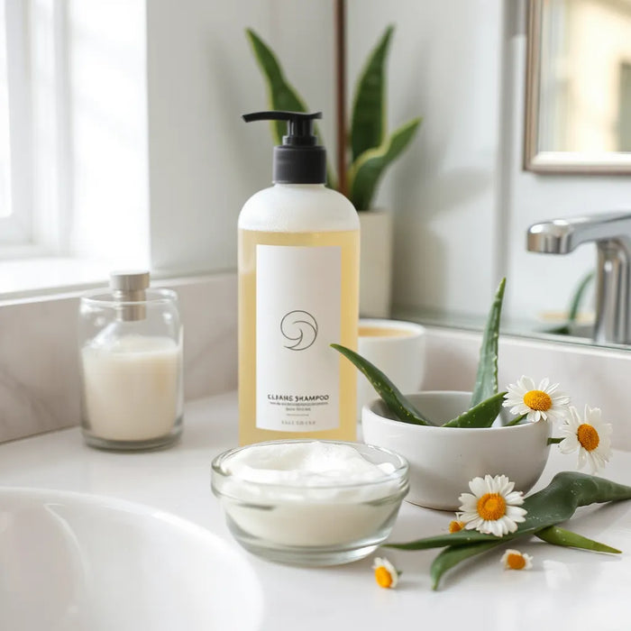 Bottle of gentle shampoo with creamy lather and fresh aloe and chamomile on a clean bathroom counter