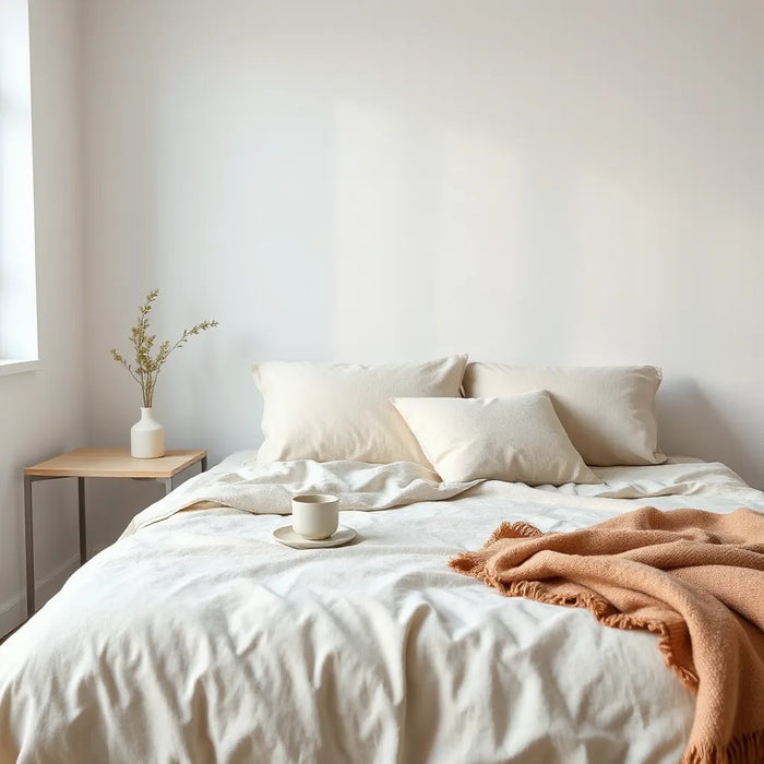 Neatly made bed with neutral bedding and pillows in soft natural light