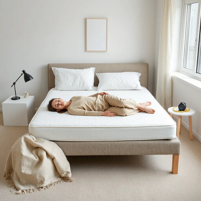 Person calmly testing a mattress with a clipboard and timer in a minimalist bedroom