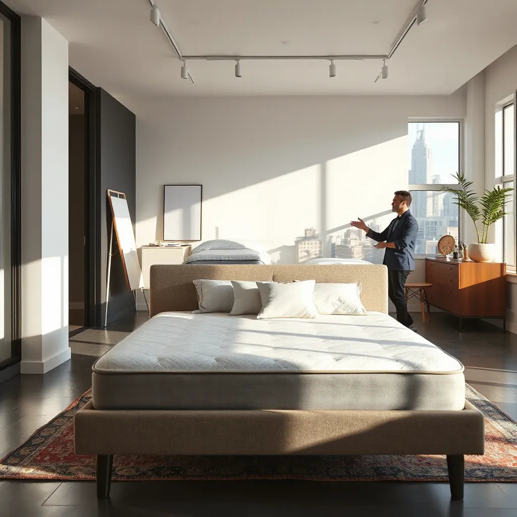 Modern Midtown NYC showroom with a neatly displayed mattress and pillows under soft lighting