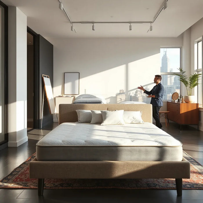 Modern Midtown NYC showroom with a neatly displayed mattress and pillows under soft lighting