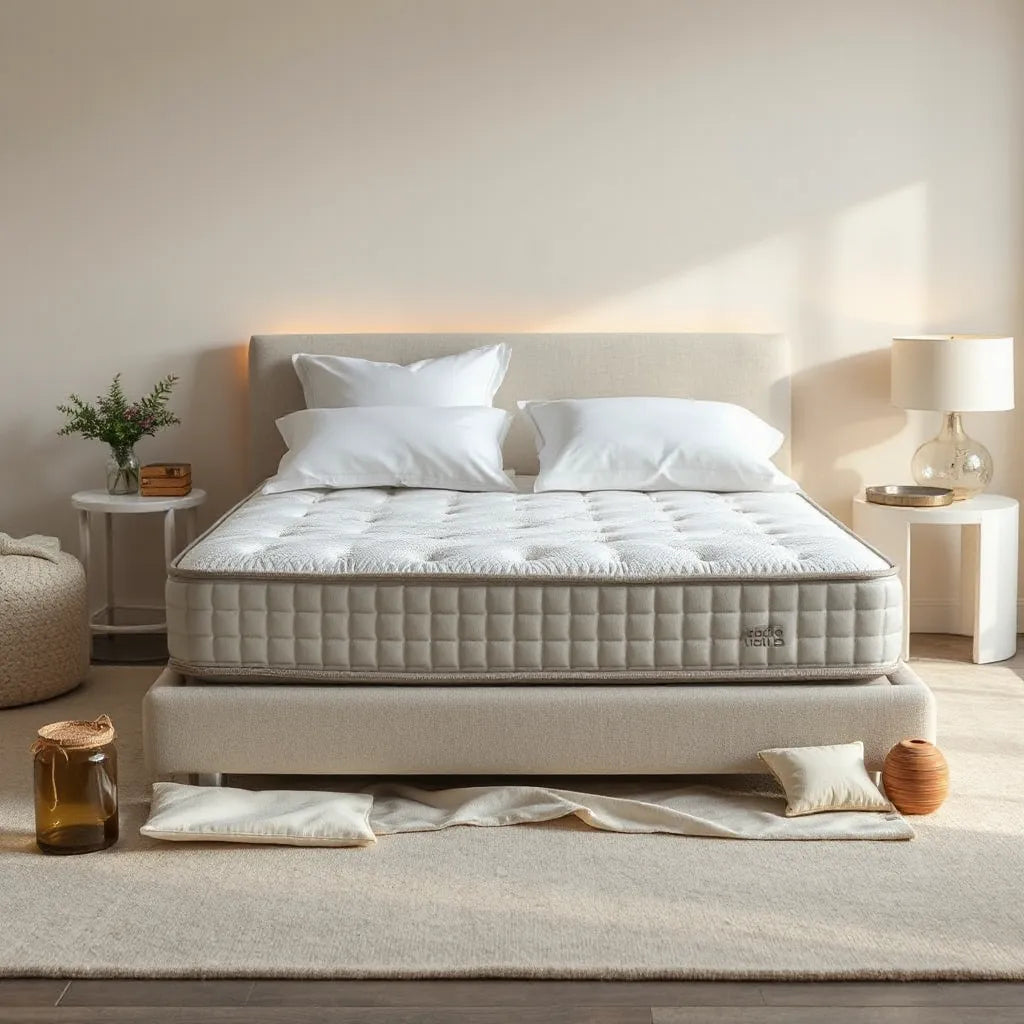 Neatly made luxury bed with plush bedding and visible mattress layers in a modern bedroom