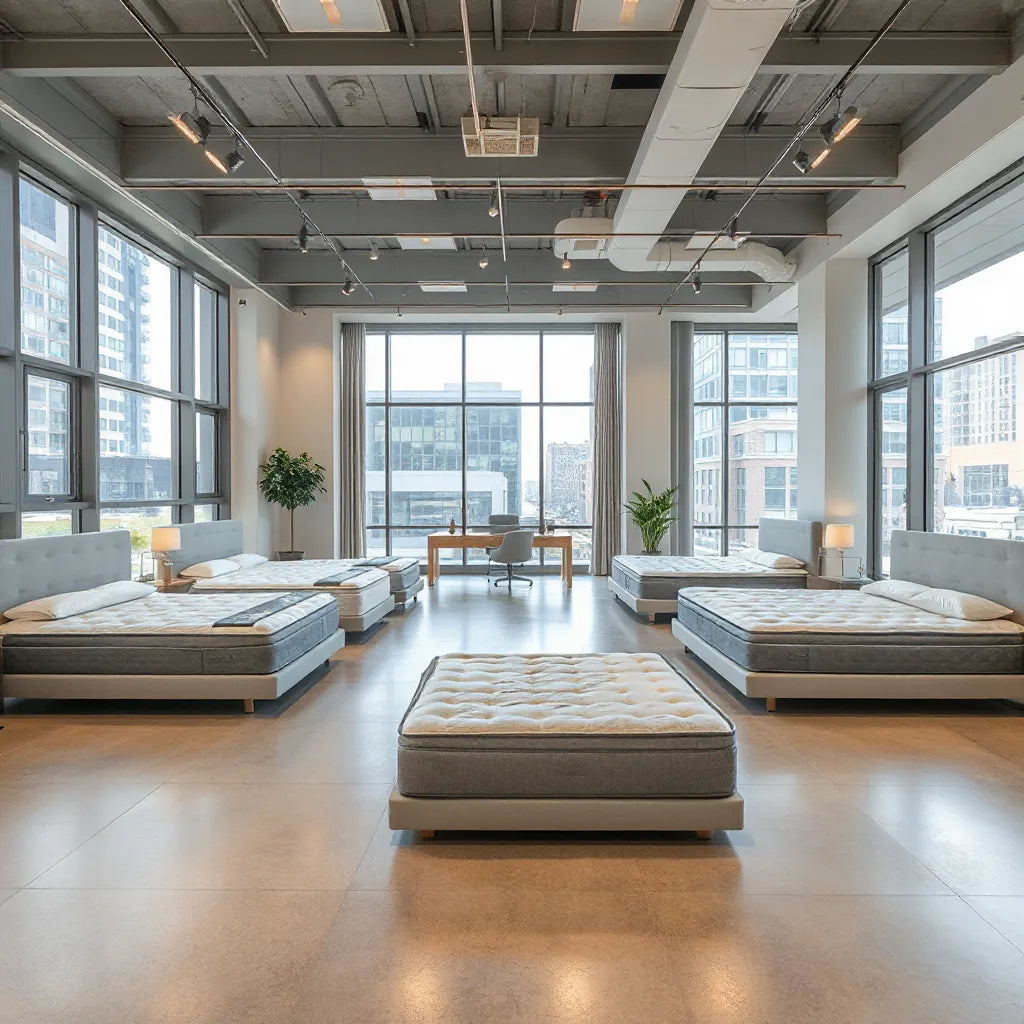 Bright Midtown mattress showroom with display beds and a consultant desk in the background