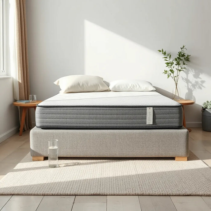 Neatly made bed with a medium-firm feel mattress, neutral bedding, and natural light in a simple bedroom