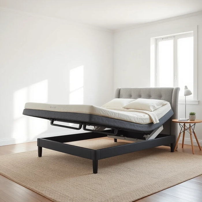 Modern adjustable bed frame positioned with head raised for comfortable sleep support
