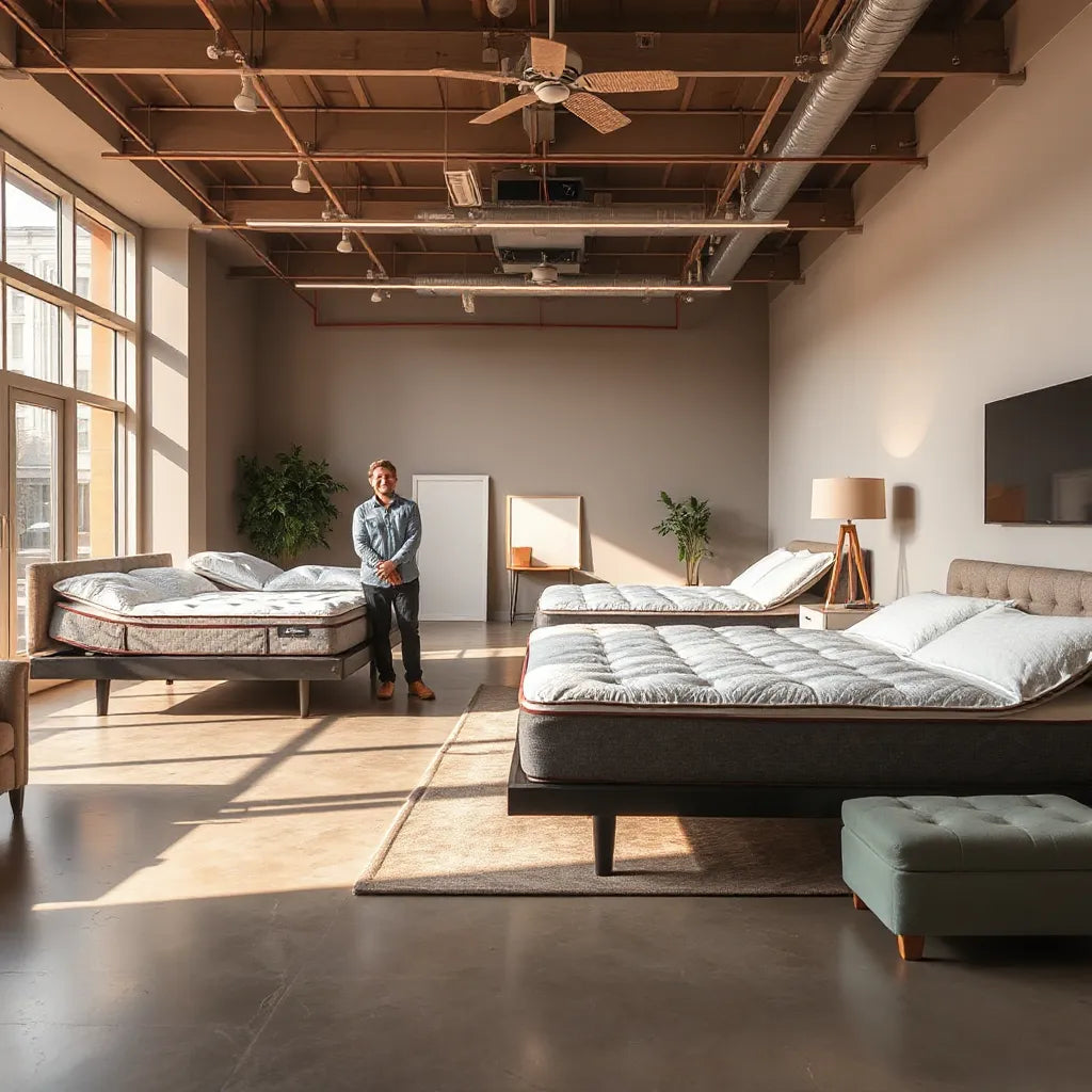 Modern Midtown mattress showroom with multiple neatly made bed displays and a sales consultant