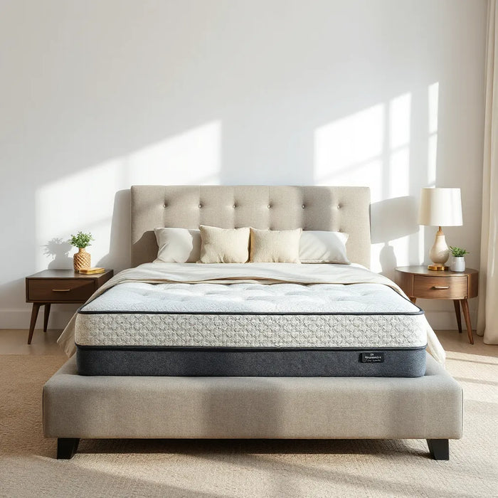 Neatly made bed with a modern mattress and neutral bedding under soft natural light