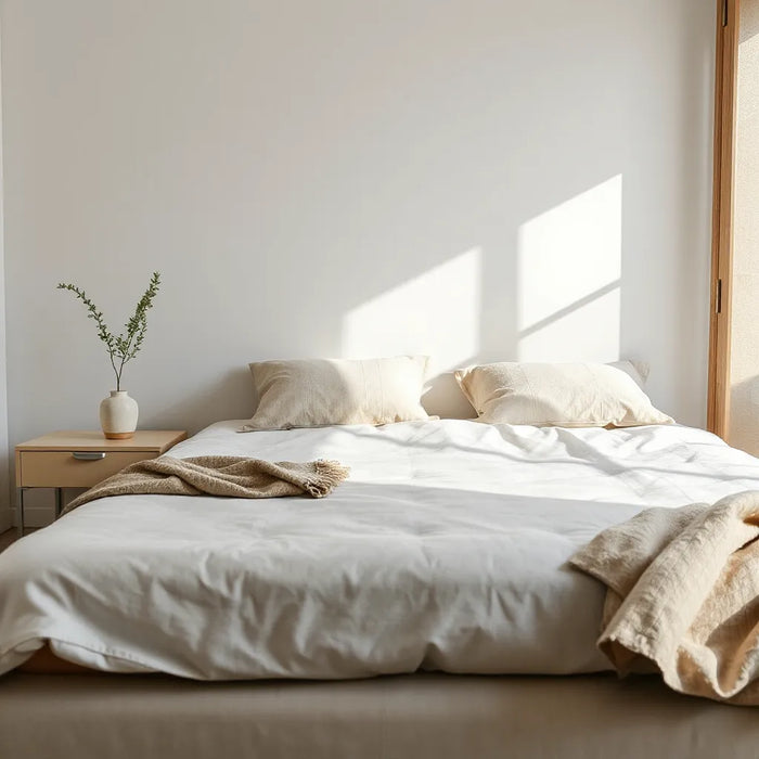 Natural-fiber mattress on a modern bed with linen bedding, soft daylight, and a small plant