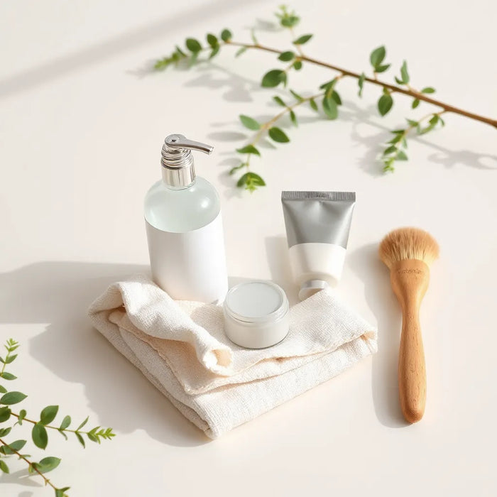 Clean skincare products arranged on a light countertop with sunscreen, cleanser, moisturizer, and a washcloth