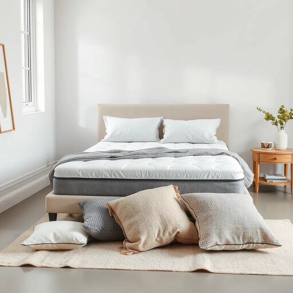 Neatly made modern bed with mattress and minimal bedding in a bright, calm bedroom setting