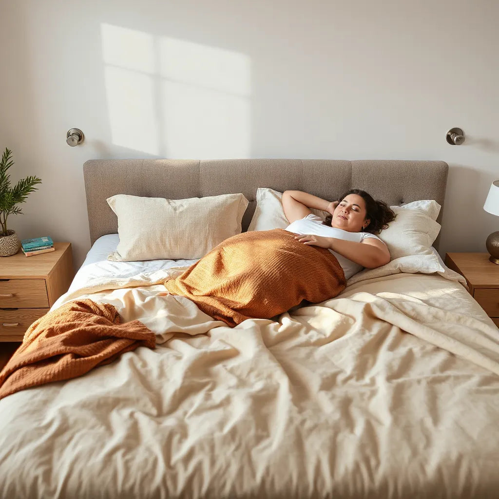Plus size sleeper relaxing on a plush, supportive bed with comfortable pillows in a bright bedroom