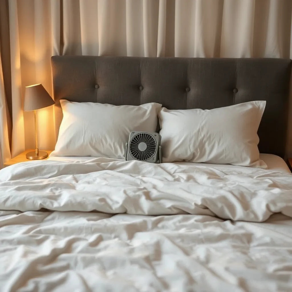 Neatly made bed at night with breathable bedding and a small cooling fan near the pillow