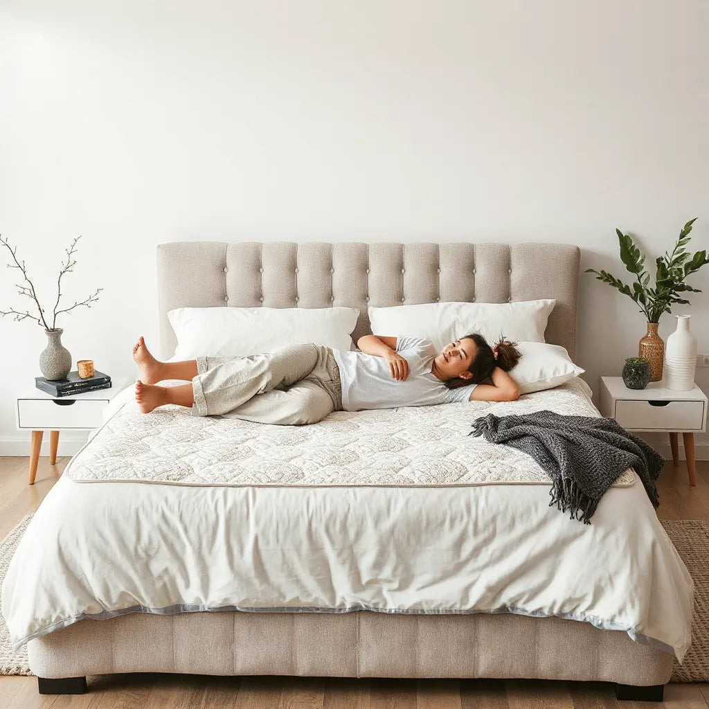 Person lying on a mattress in a bright showroom while testing comfort and support