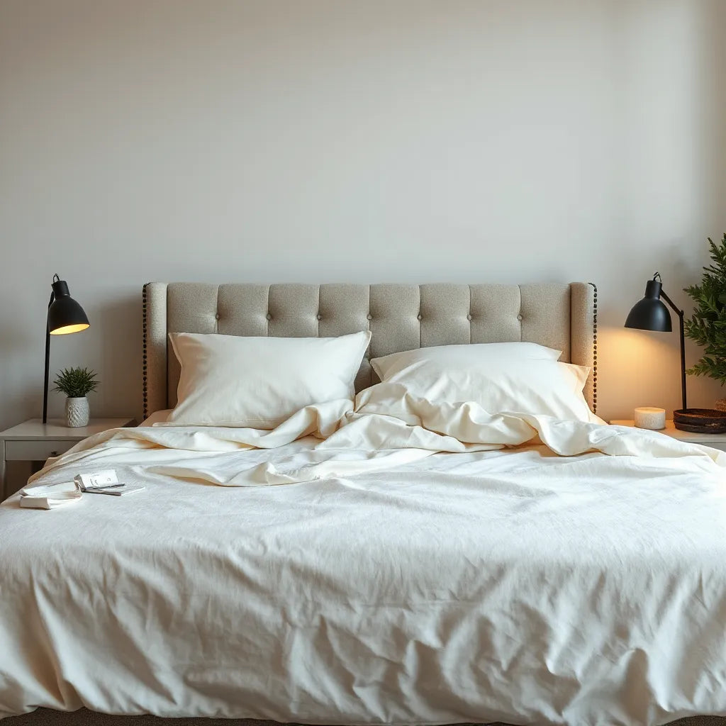 Neatly made luxury bed with plush pillows and warm ambient lighting in a calm bedroom