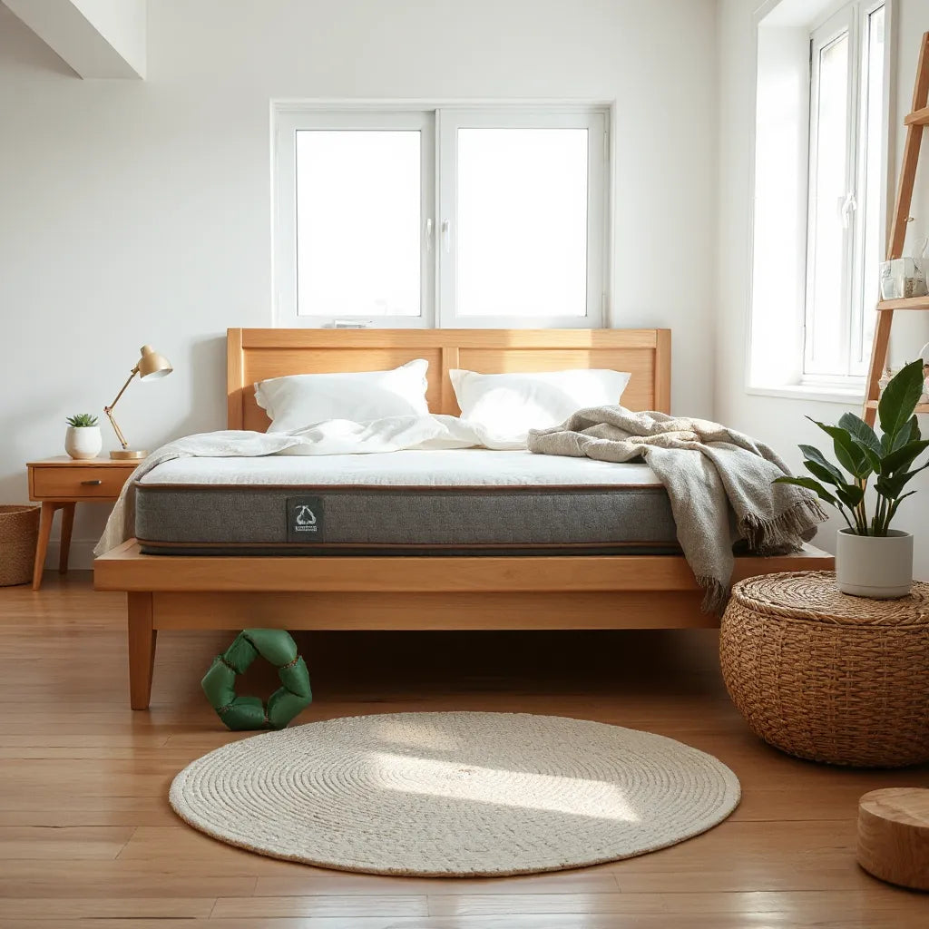Sustainably styled bed with an eco-friendly mattress, organic cotton bedding, and natural daylight in a calm bedroom