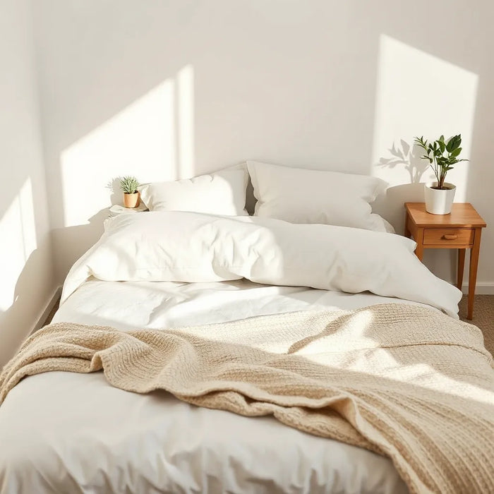 Neatly made bed with organic cotton and linen bedding, natural textures, and a small potted plant in soft daylight