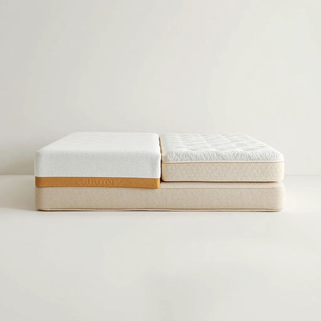 Split mattress cross-section showing memory foam cushioning and supportive coil springs.