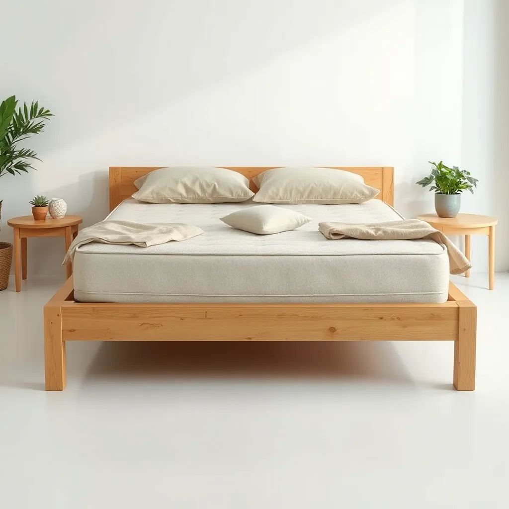 Neatly made bed with natural materials and a small plant in a bright, minimalist bedroom setting