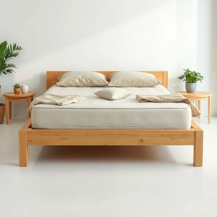 Neatly made bed with natural materials and a small plant in a bright, minimalist bedroom setting