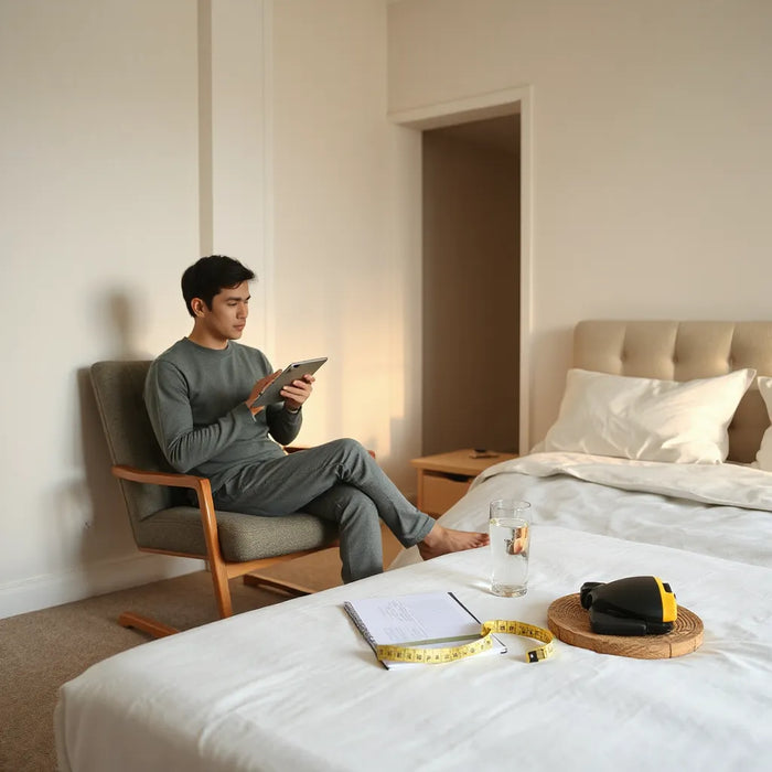 Person seated with a tablet during a sleep comfort consultation beside a neatly made bed
