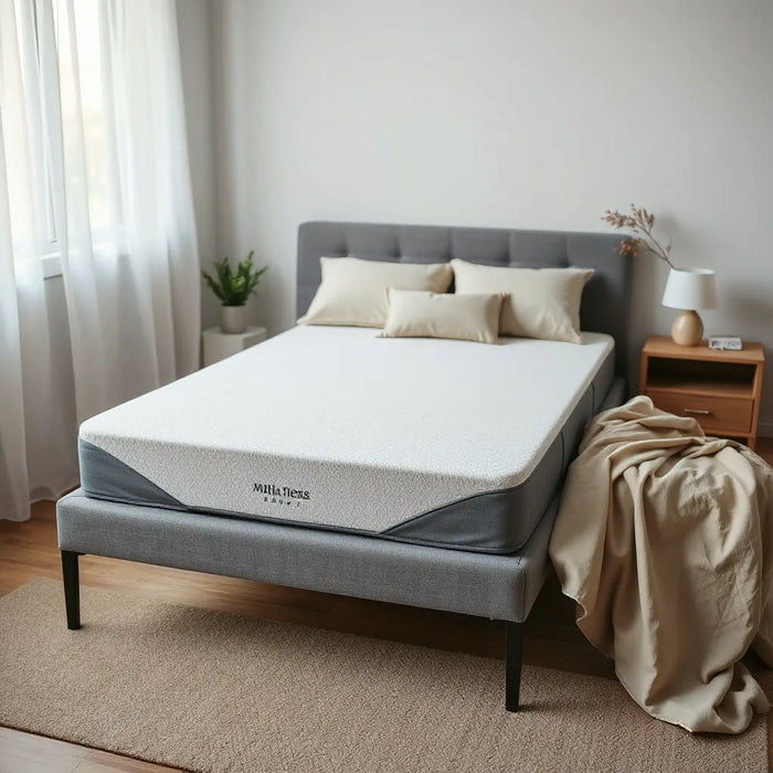 Breathable foam mattress on a bed with neutral bedding in soft morning light