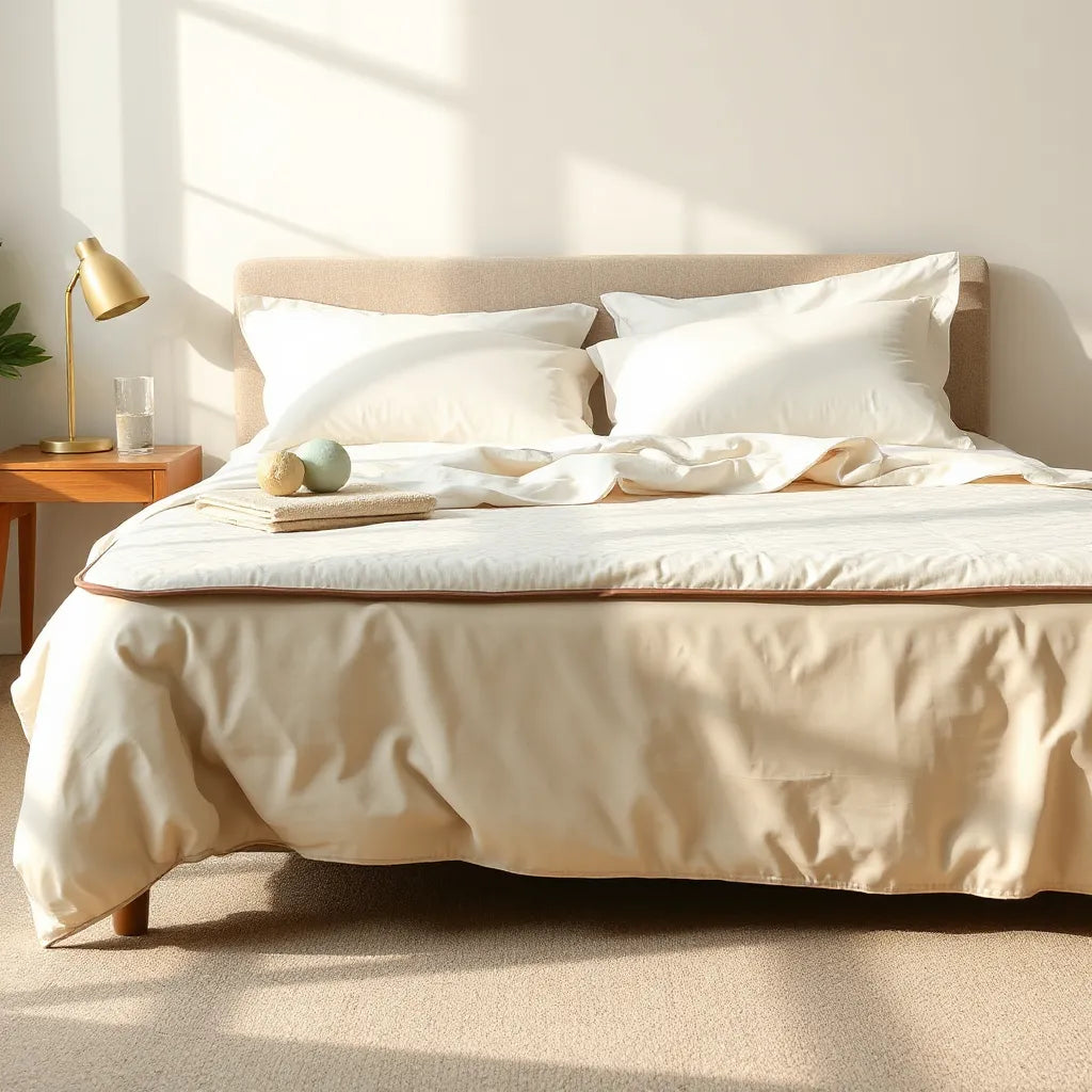 Neatly made modern bed with plush pillows and breathable bedding in a calm bedroom