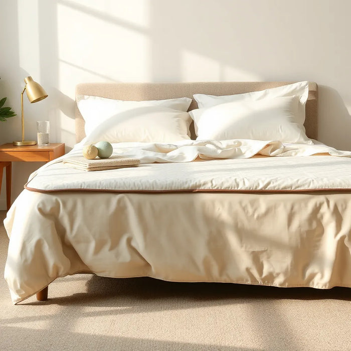 Neatly made modern bed with plush pillows and breathable bedding in a calm bedroom