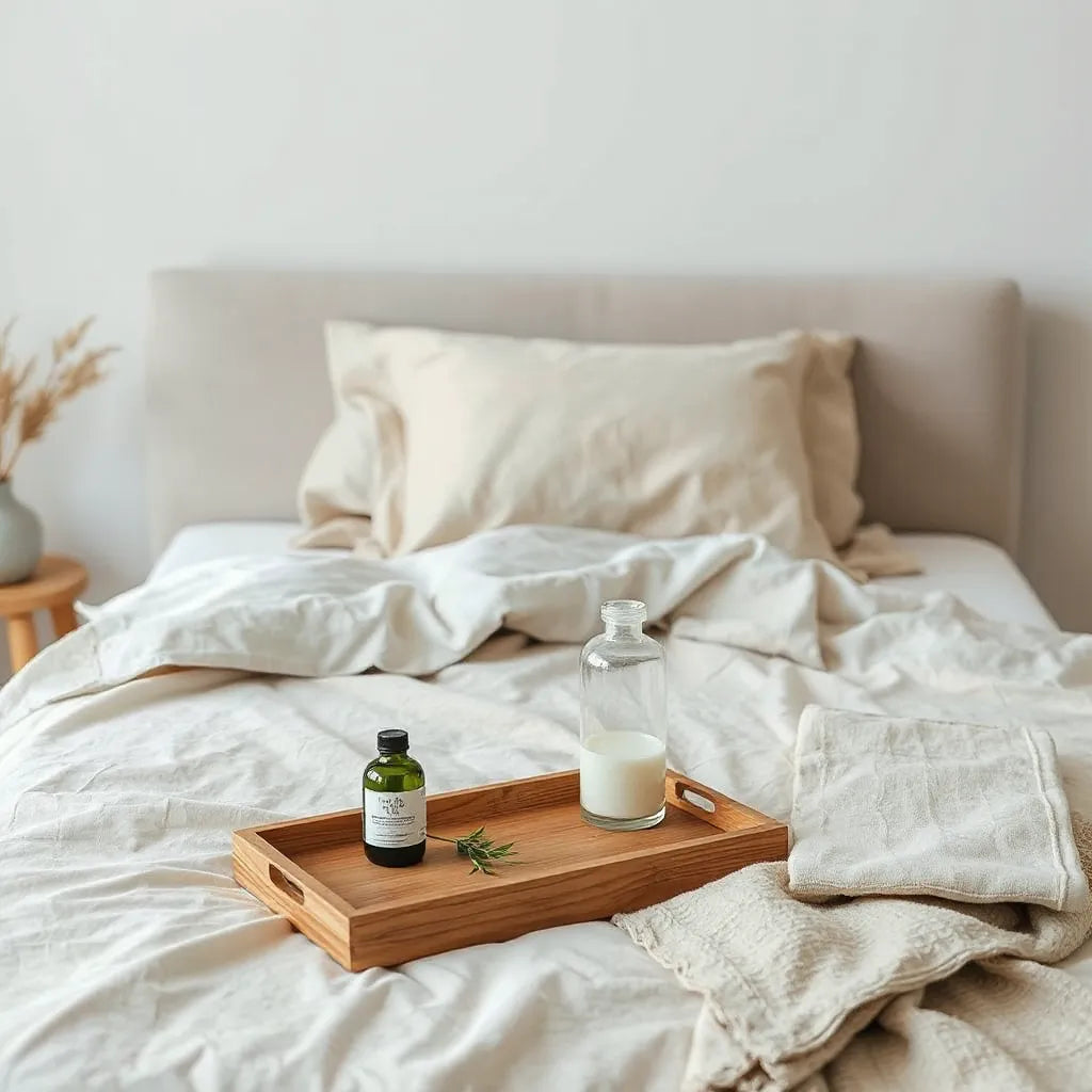 Neatly styled bed with natural linen bedding and organic cotton pillow, plus eco-friendly mattress protector