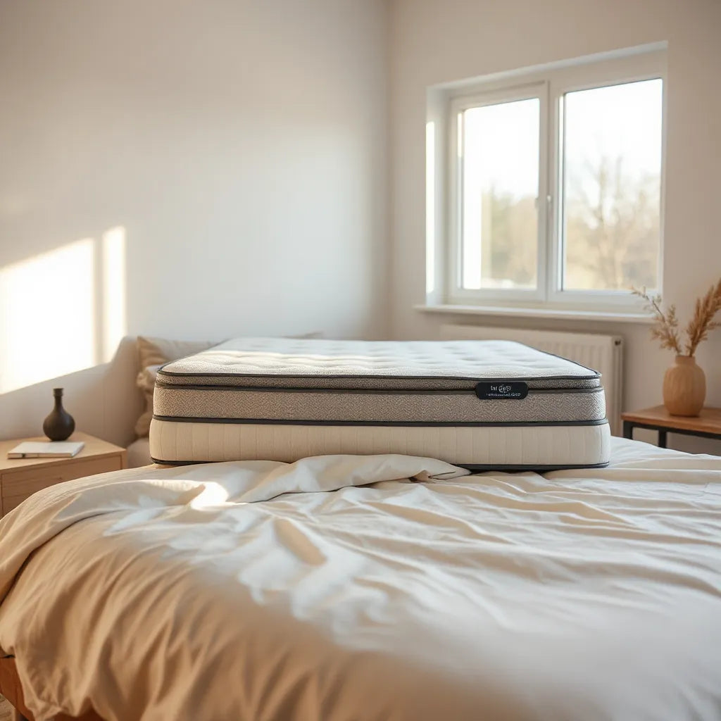 A neatly made bed with a mattress showing customizable firmness layers in a calm, modern bedroom