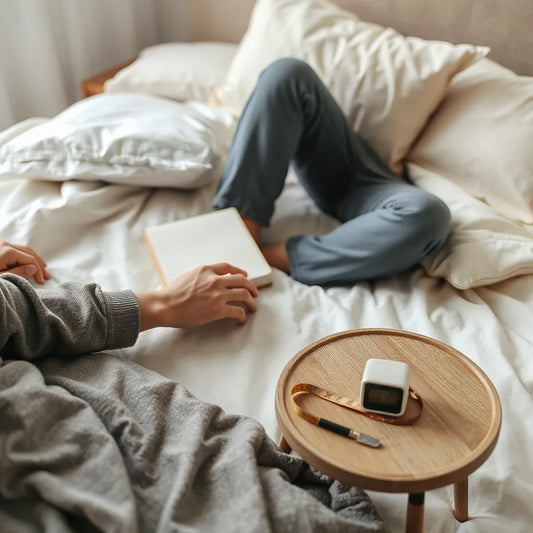 Person pressing different mattress areas during a sleep comfort test, with a notebook and measuring tape nearby
