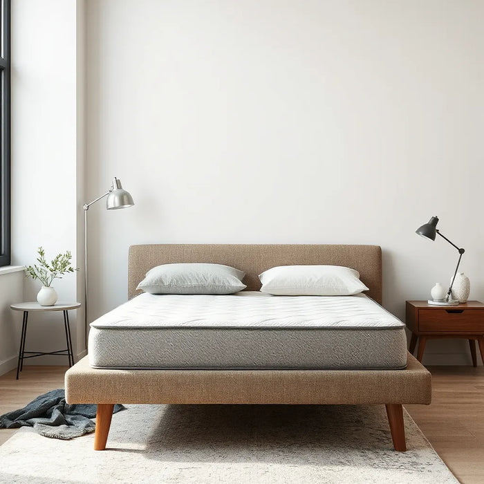 Modern mattress with breathable, cooling comfort features in a calm bedroom setting