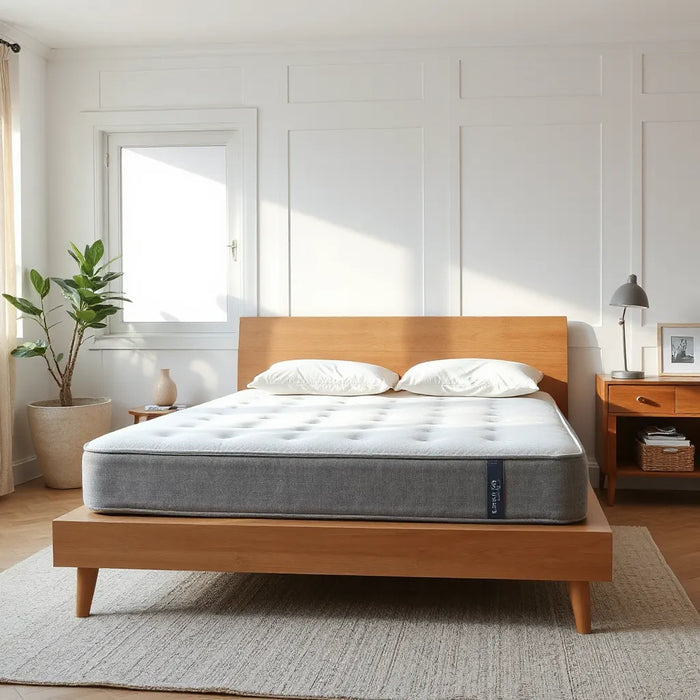 Neatly made bed with a modern mattress in a calm, well-lit bedroom