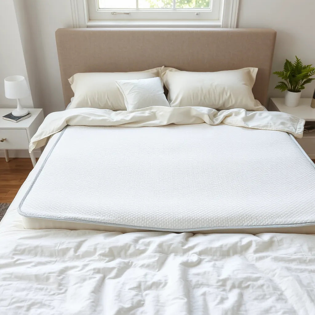 Cooling waterproof mattress protector on a neatly made bed with water droplets showing waterproof protection