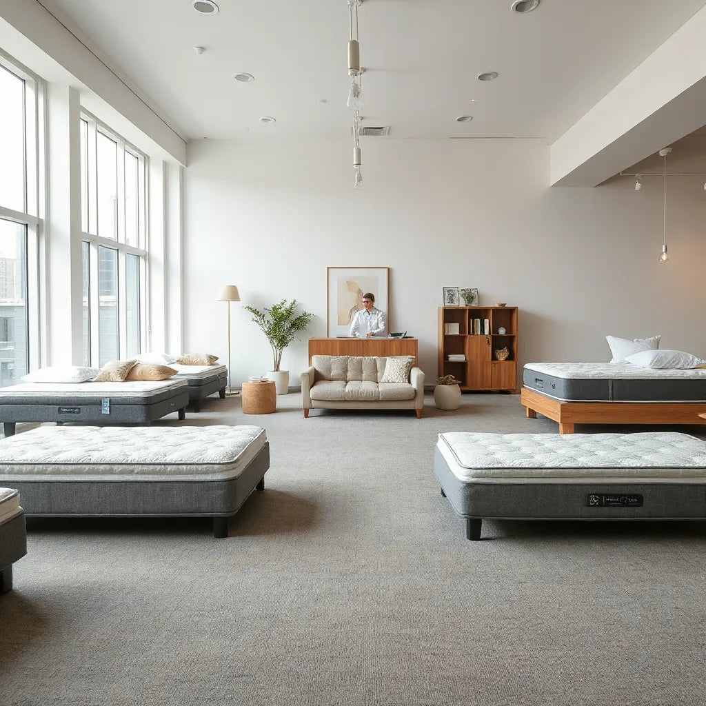 Bright Midtown mattress showroom with displayed beds and a clean seating area for testing comfort