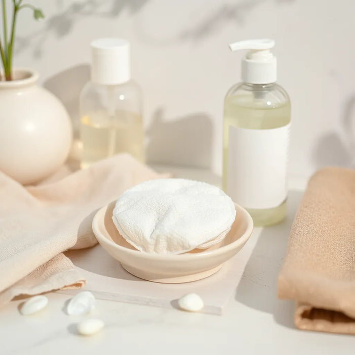 Cotton pad and paraben-free makeup remover bottle on a minimalist vanity with soft daylight