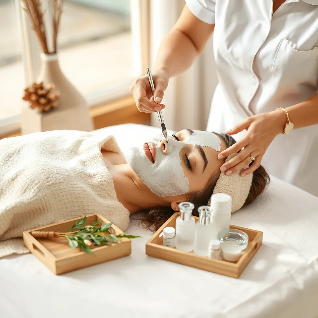 Facial treatment session with a skincare professional applying a mask in a calm spa setting