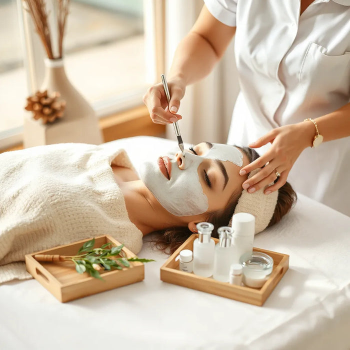 Facial treatment session with a skincare professional applying a mask in a calm spa setting