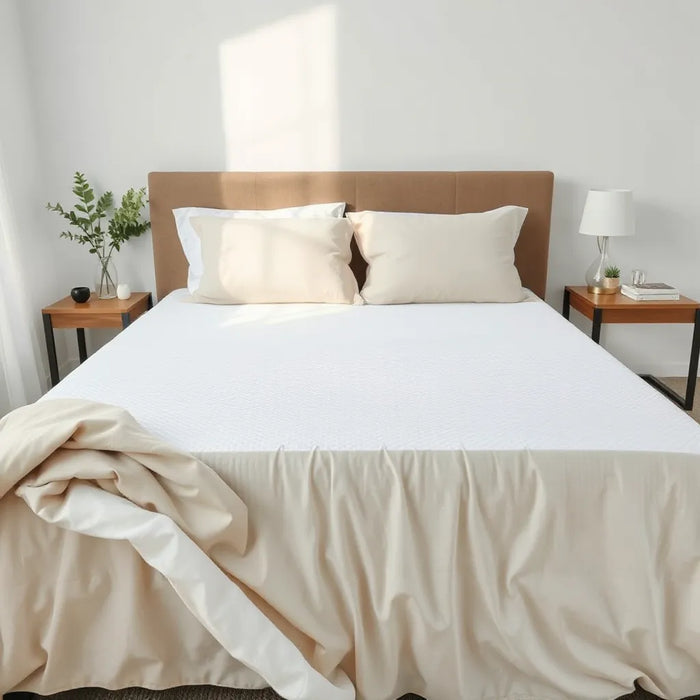 Fitted dust-mite-resistant mattress protector on a neatly made bed in a clean bedroom