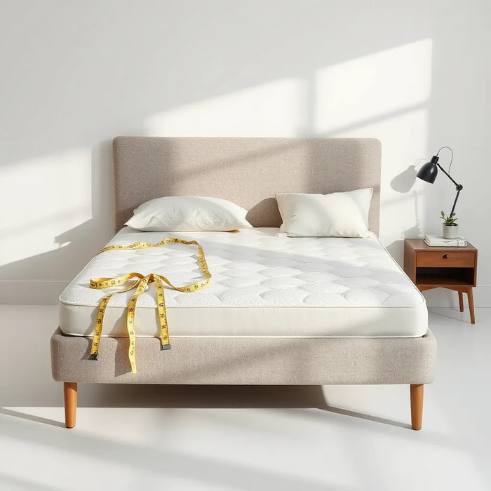 Neutral bedroom setup with a mattress, measuring tape, and neatly arranged bedding for choosing comfort