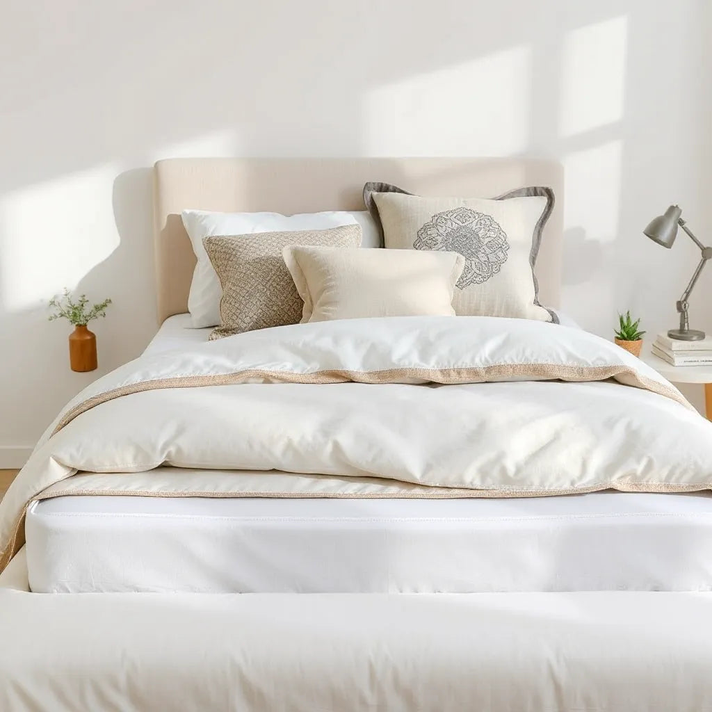 Neatly made bed with layered pillows and a throw blanket in a bright, cozy bedroom