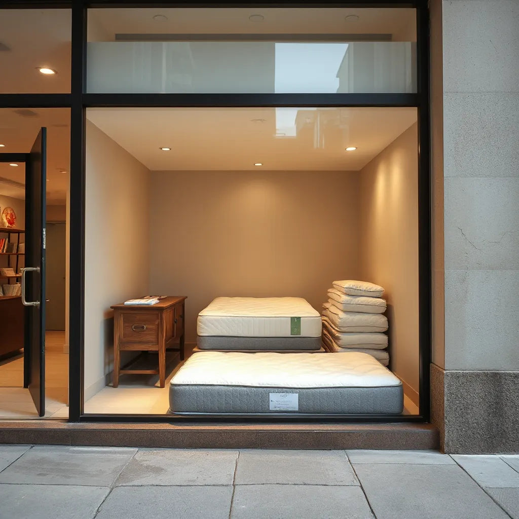 Neatly displayed mattresses in a modern Midtown Manhattan showroom entrance