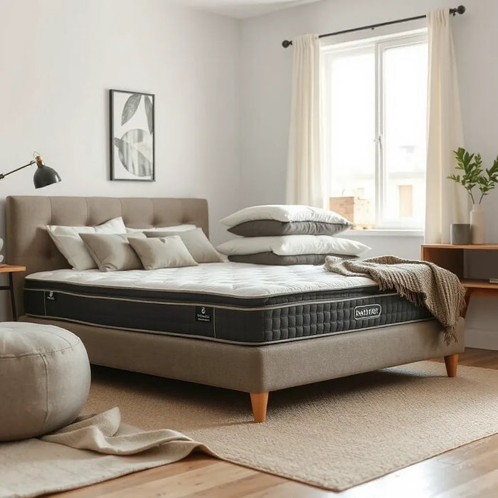 Neatly made bed with visible premium mattress surfaces in a calm bedroom setting