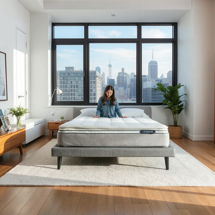 Person testing a mattress in a modern NYC apartment with sunlight and a skyline view