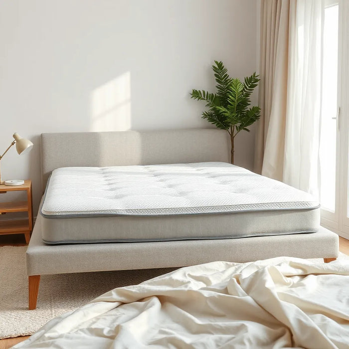 High-density foam mattress on a minimalist bed with neutral bedding and soft natural light