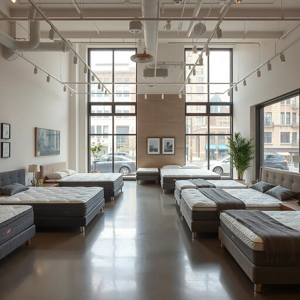 Bright Midtown Manhattan mattress showroom with neatly arranged beds and large windows