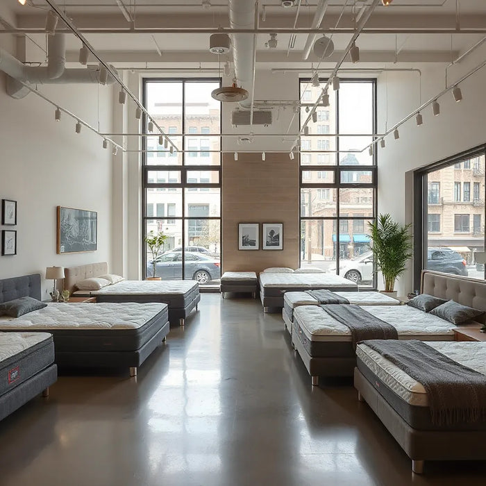 Bright Midtown Manhattan mattress showroom with neatly arranged beds and large windows