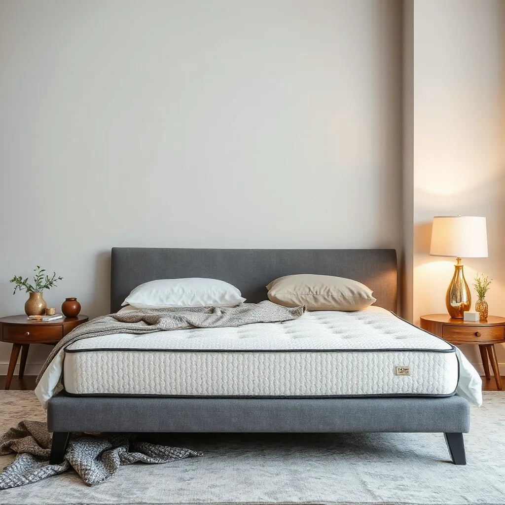 Neatly made bed with a modern mattress and soft pillows in a minimal, well-lit bedroom setting