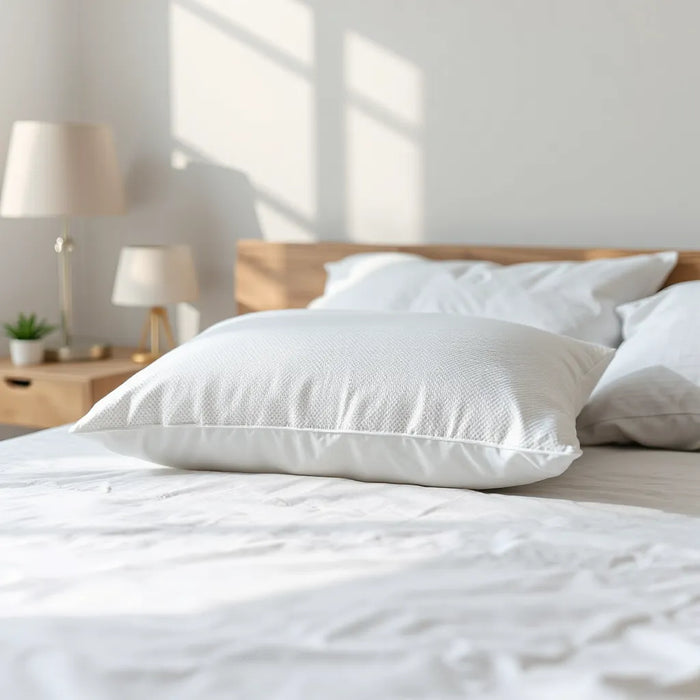 Cooling gel pillow on a bed with breathable cover and soft natural light in a clean bedroom
