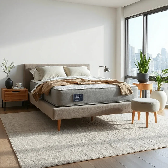 Neatly made modern mattress with neutral bedding and soft daylight, with a city skyline view through a window