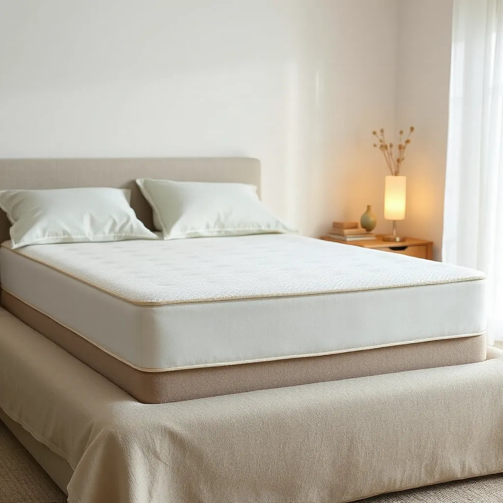 Luxury memory foam mattress on a modern bed with plush pillows in a bright, minimalist bedroom